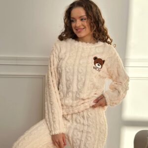 Піжама з ведмедиком: кремова кофта + штани ❤️ [DO3879]